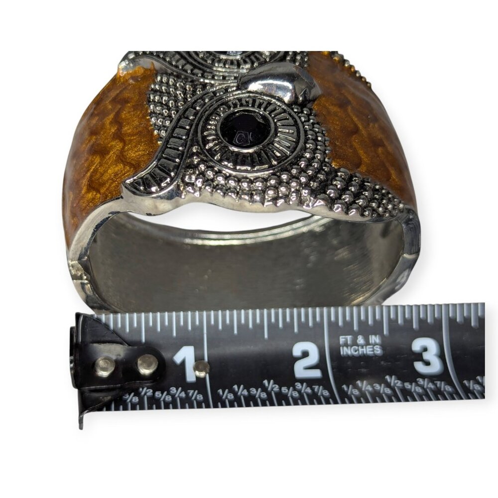 Wide Owl Cuff Silver Tone & Brown Accent Bangle Bracelet Hinged Fashion Jewelry - Picture 9 of 11